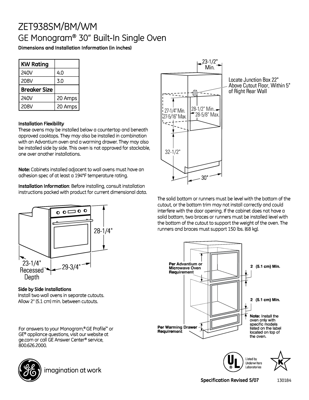 GE installation instructions ZET938SM/BM/WM, GE Monogram 30” Built-InSingle Oven, 28-1/4, 23-1/4 29-3/4Recessed Depth 