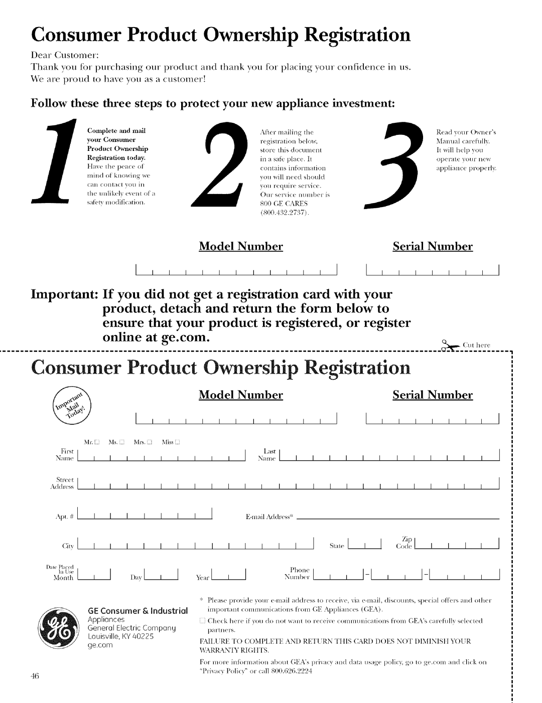 GE ZET958 Consumer Product Ownership Registration, S,a,,,I, A <:od<I, xv,_ltl, Model Number, Serial Number, I N_Lstlml 
