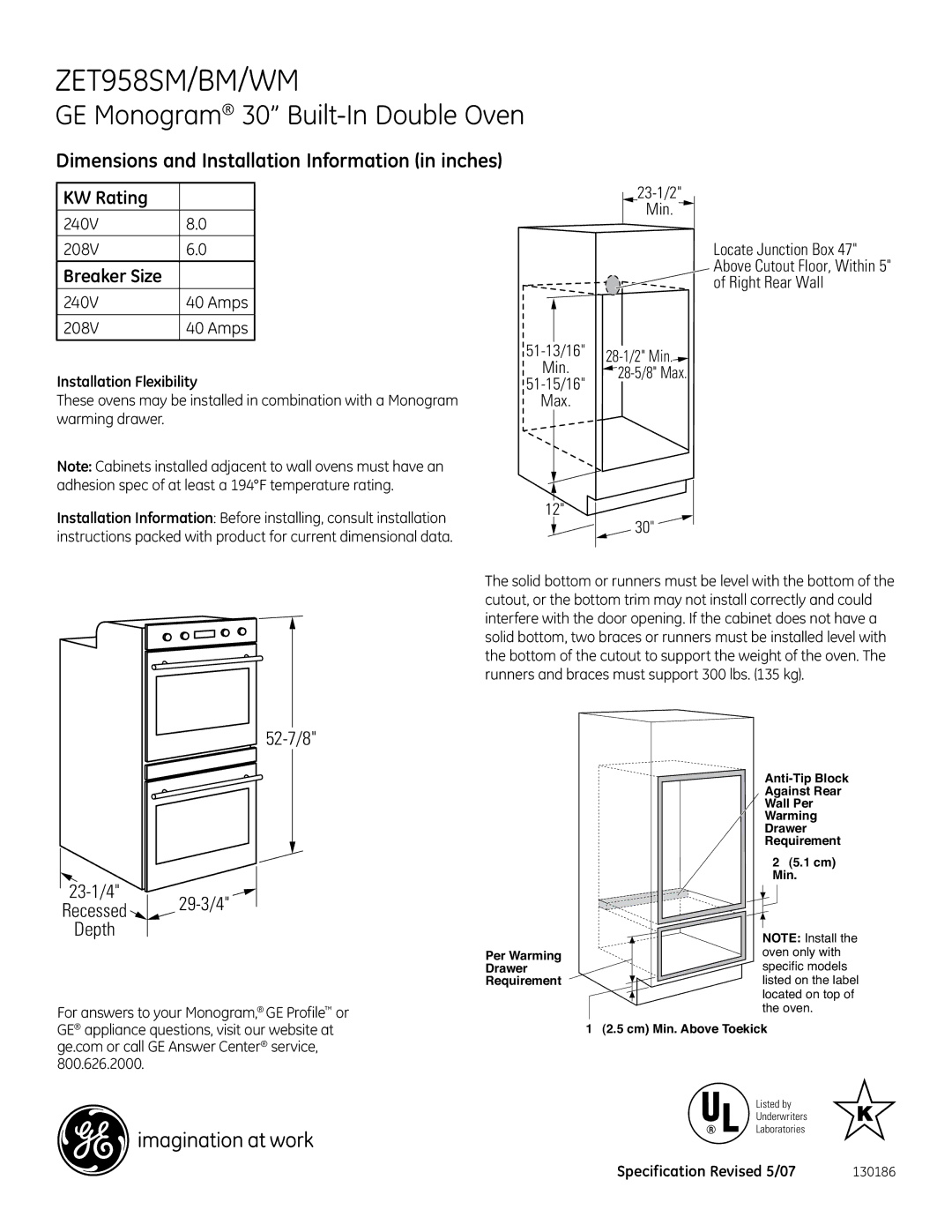 GE ZET958WM, ZET958BM dimensions Dimensions and Installation Information in inches, 52-7/8, 23-1/4 Recessed 29-3/4Depth 