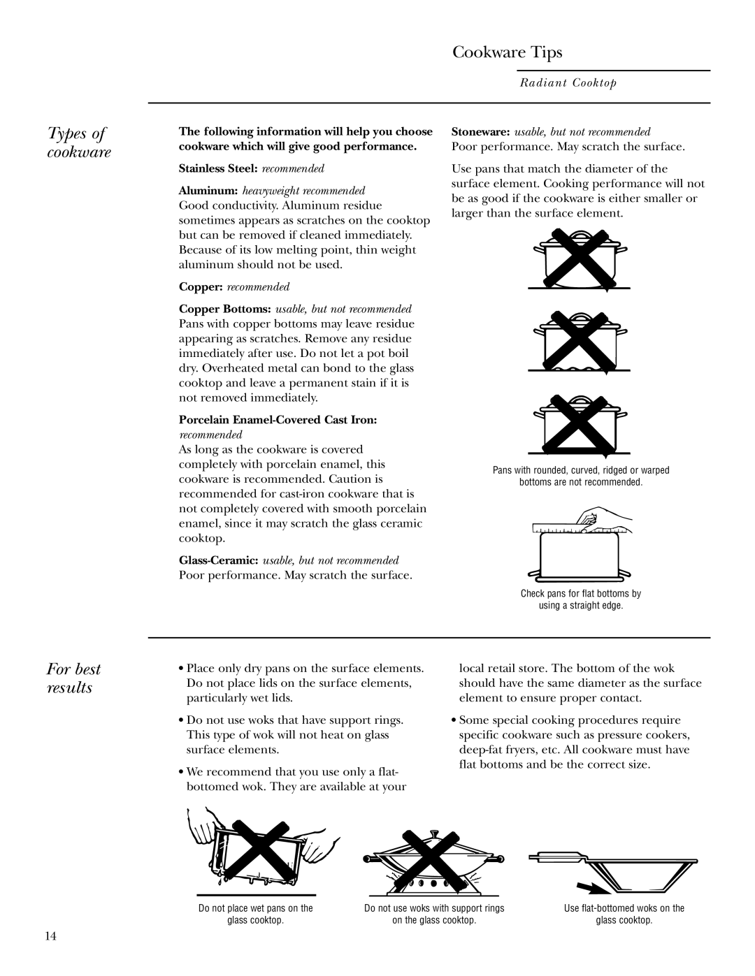 GE ZEU36K owner manual Types of cookware, For best results 