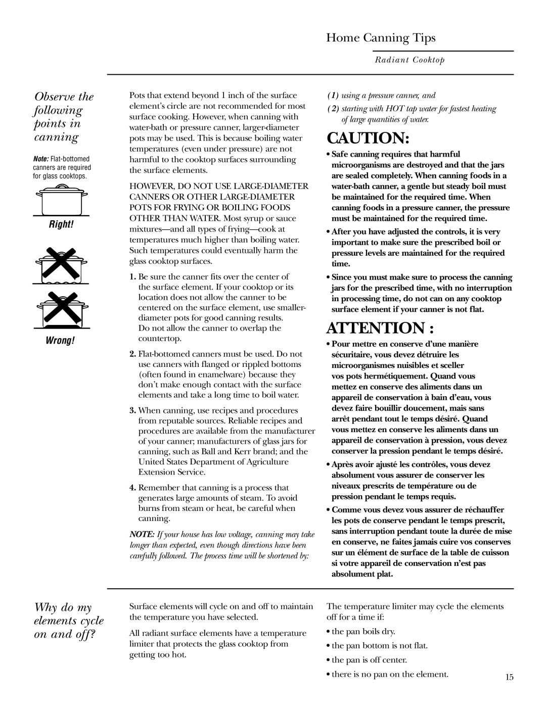 GE ZEU36K owner manual Observe the following points in canning, Why do my elements cycle on and off? 