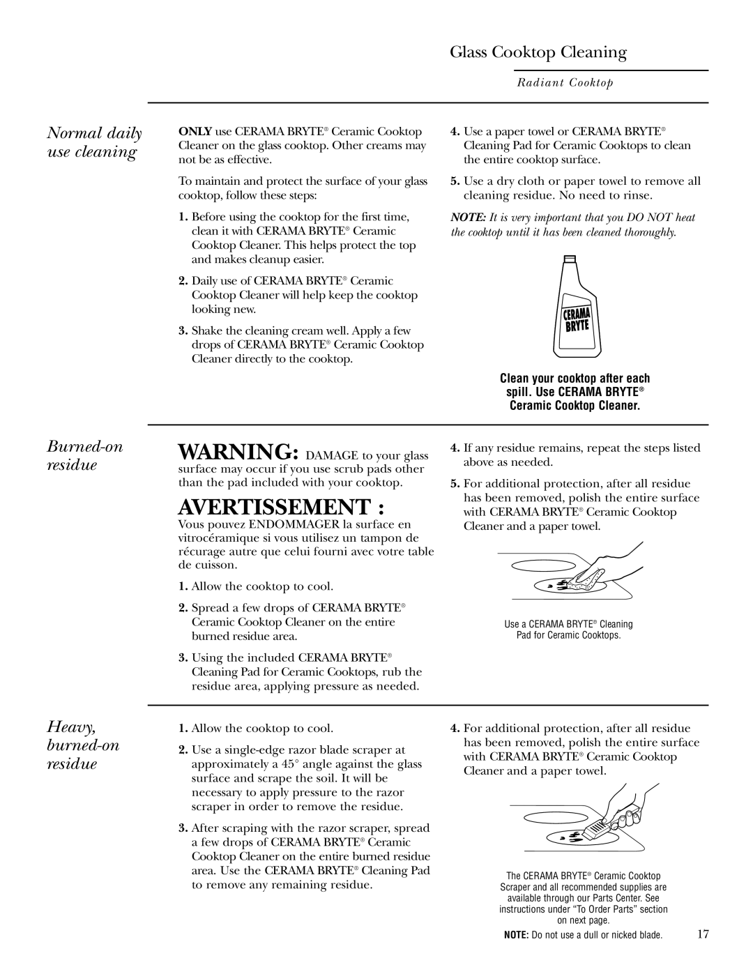 GE ZEU36K owner manual Normal daily use cleaning, Burned-on residue, Heavy, burned-on residue 