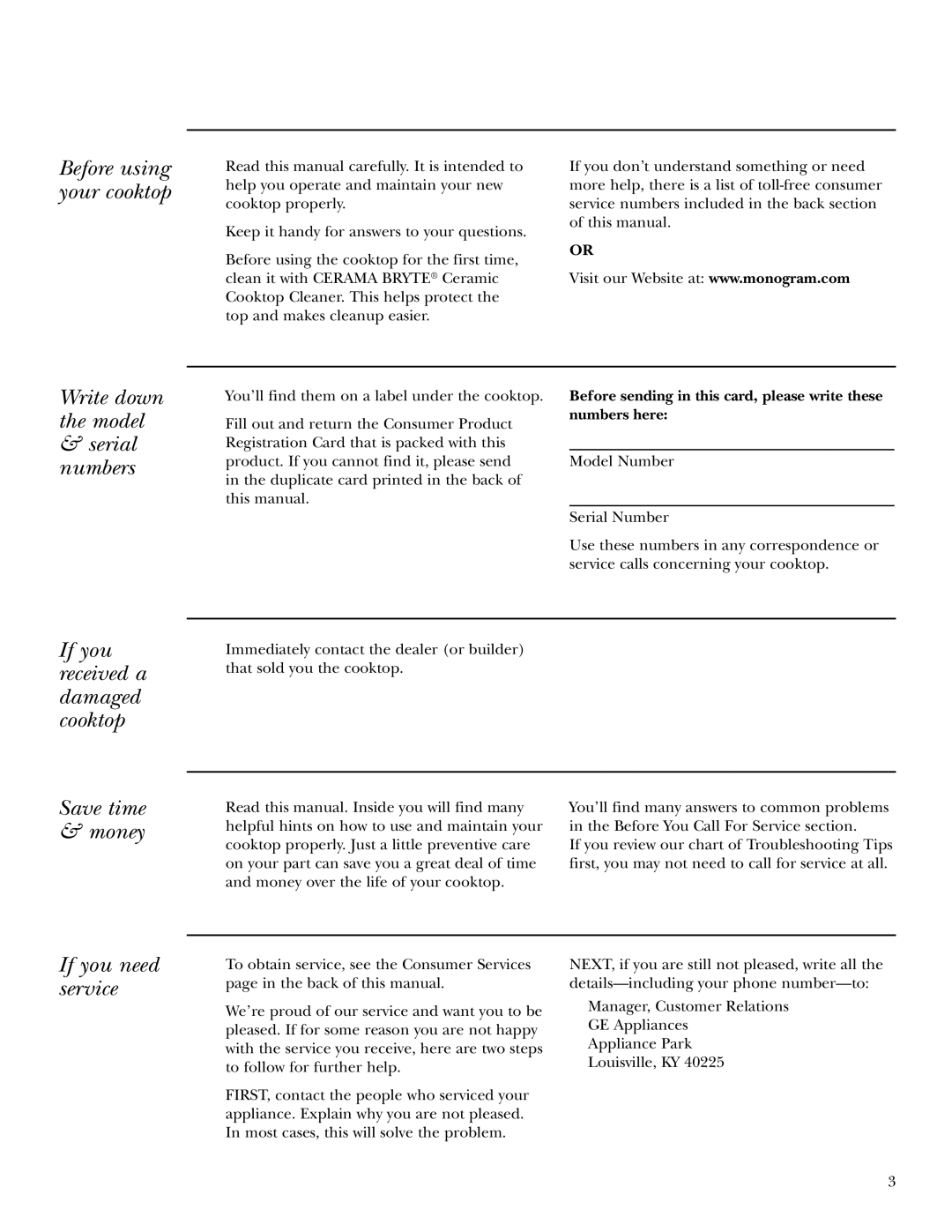 GE ZEU36K owner manual Before using your cooktop, Write down the model Serial numbers, If you need service 