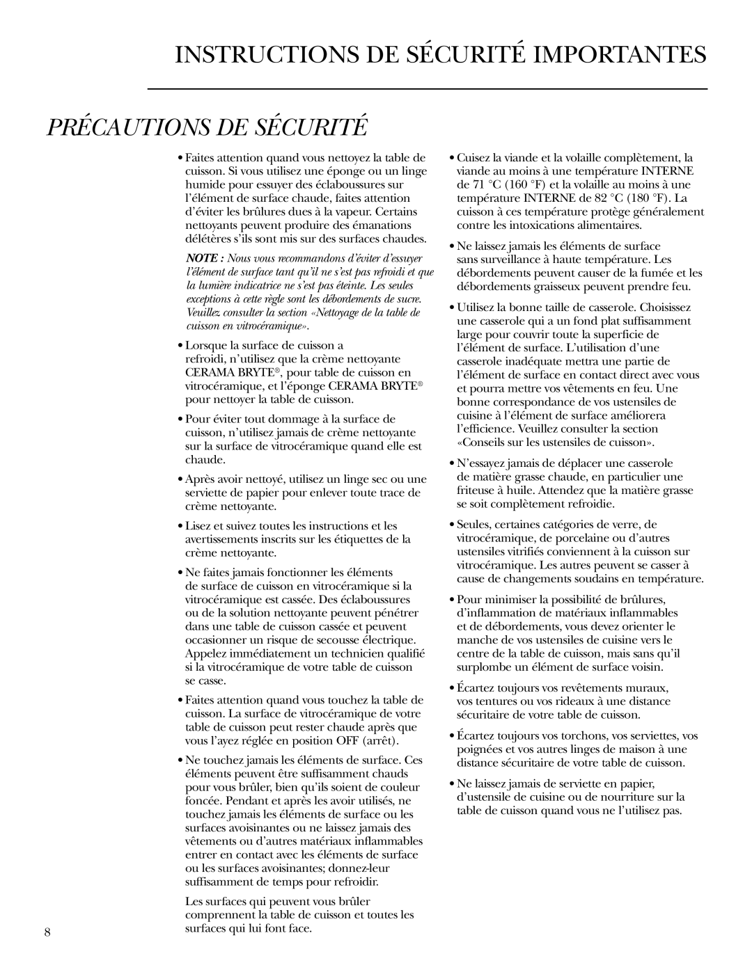 GE ZEU36K owner manual Précautions DE Sécurité 