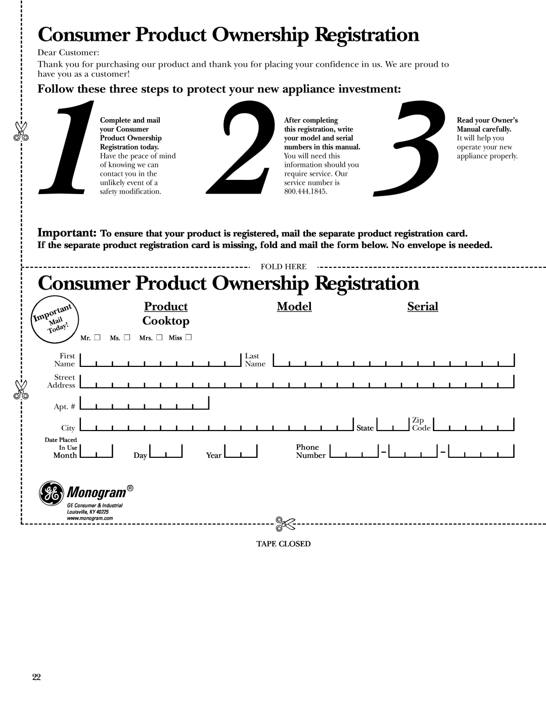 GE ZEU36K owner manual Consumer Product Ownership Registration, Monogram, Model, Serial, Cooktop 