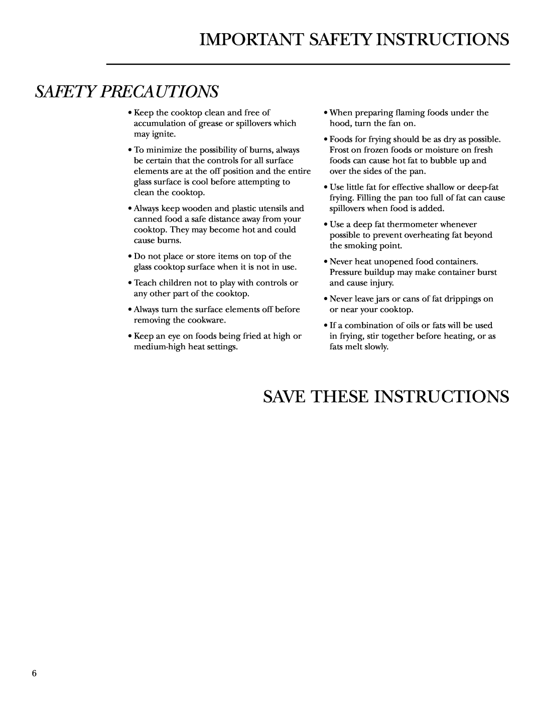 GE ZEU36K owner manual Save These Instructions, Important Safety Instructions, Safety Precautions 