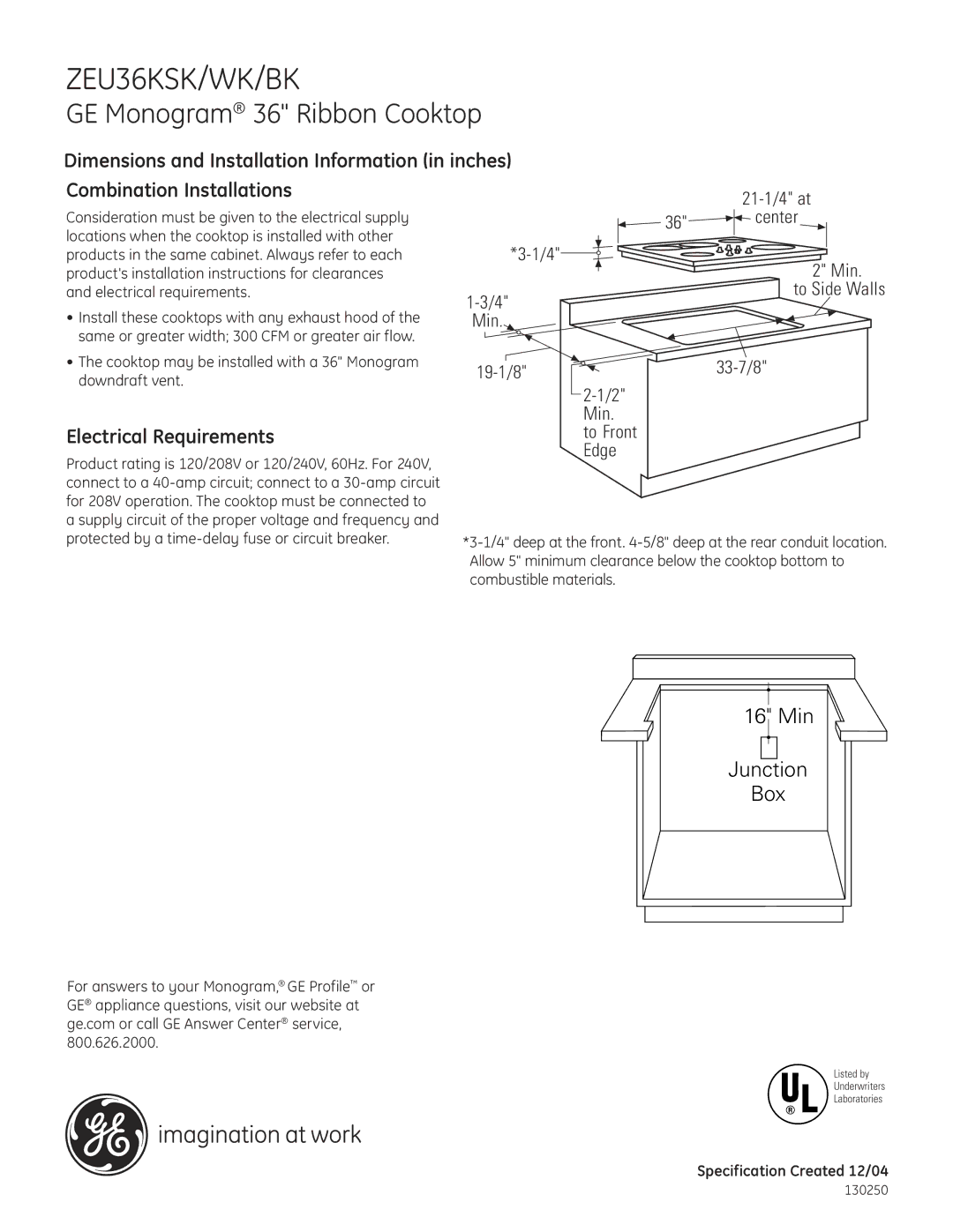 GE ZEU36KSK/WK/BK dimensions GE Monogram 36 Ribbon Cooktop, Electrical Requirements 