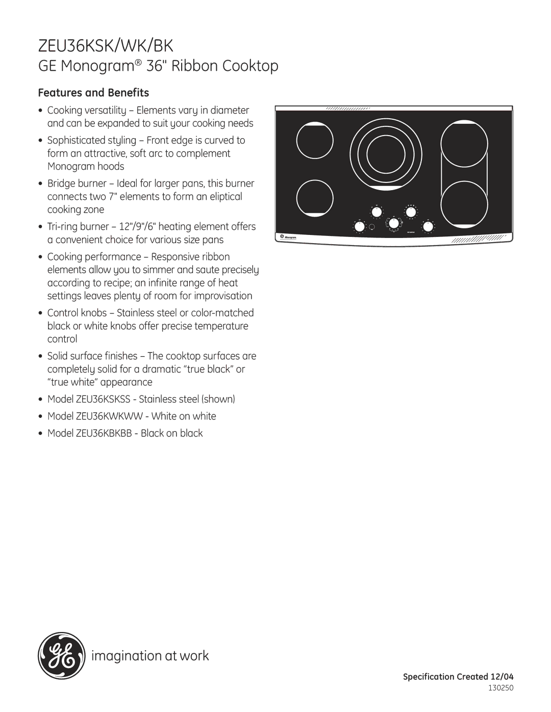 GE ZEU36KSK/WK/BK dimensions Features and Benefits, Cooking zone 