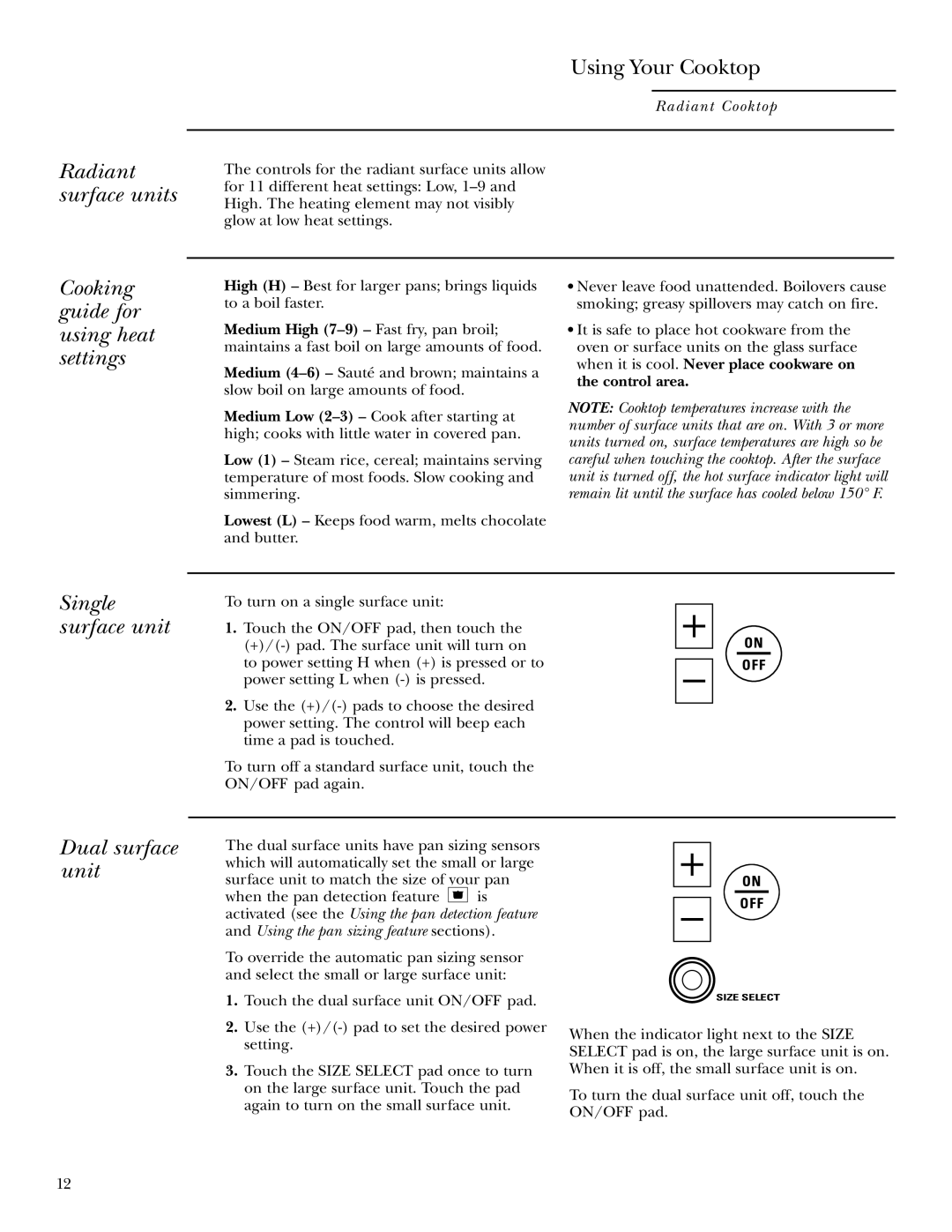 GE ZEU36R, ZEU30R owner manual Cooking guide for using heat settings, Single surface unit, Dual surface unit 