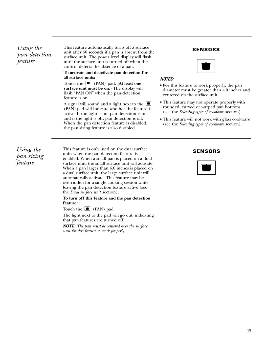 GE ZEU30R, ZEU36R owner manual Using the pan detection feature, Using the pan sizing feature 