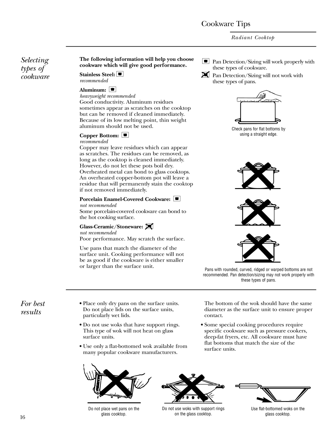 GE ZEU36R, ZEU30R owner manual Selecting types of cookware, For best results 