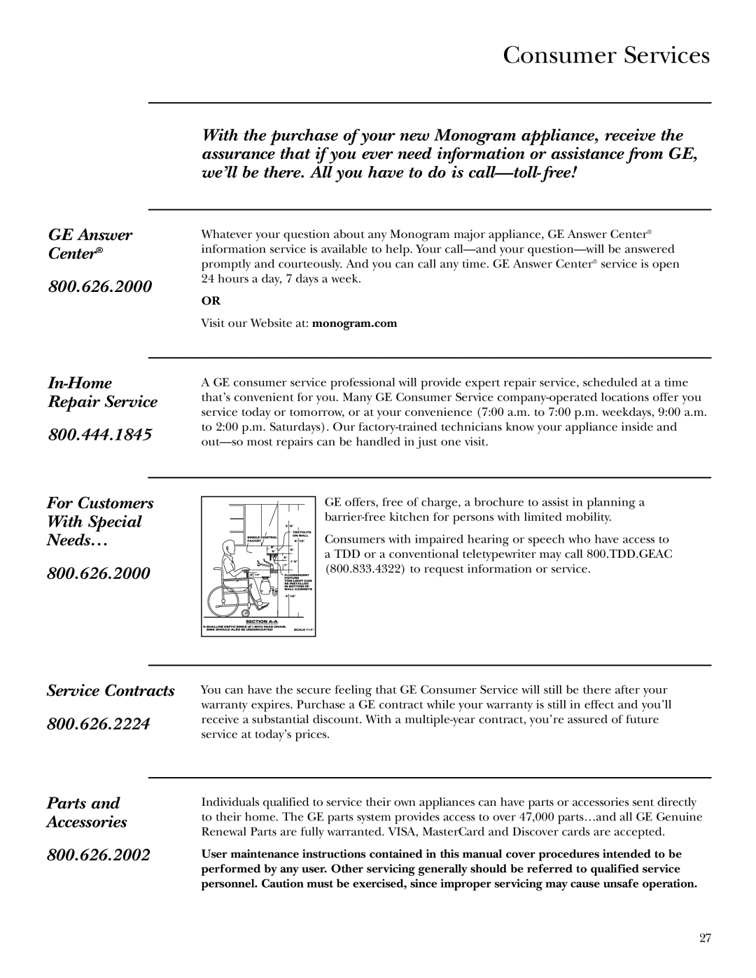 GE ZEU30R, ZEU36R owner manual Consumer Services 