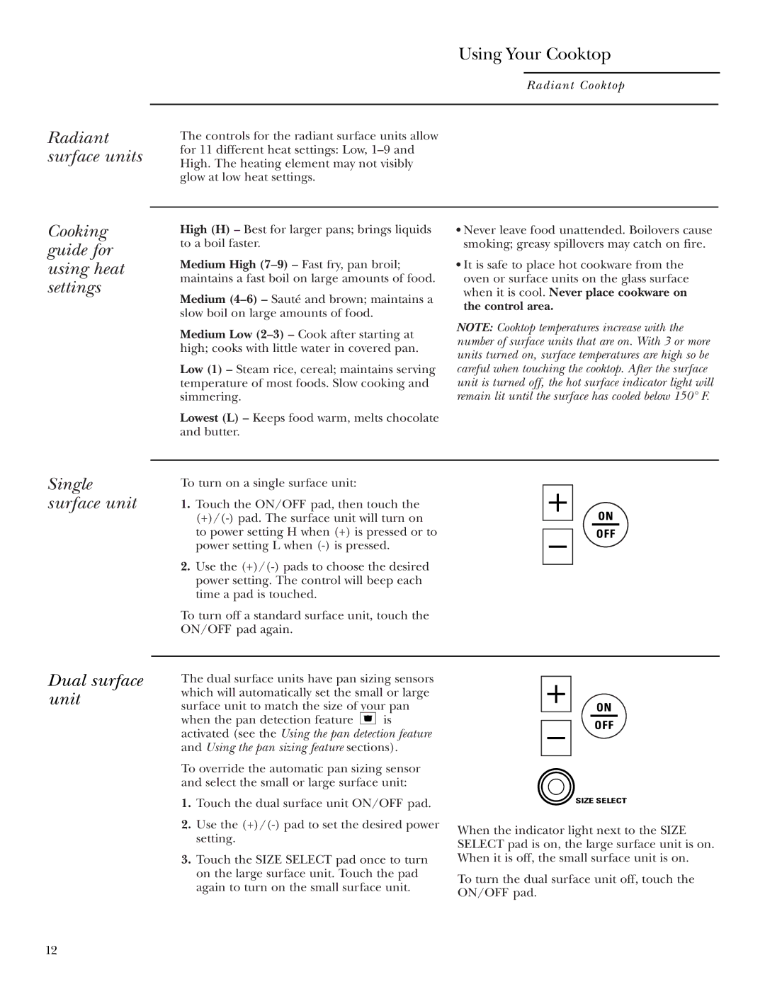 GE ZEU36R, ZEU30R owner manual Cooking guide for using heat settings, Single surface unit, Dual surface unit 