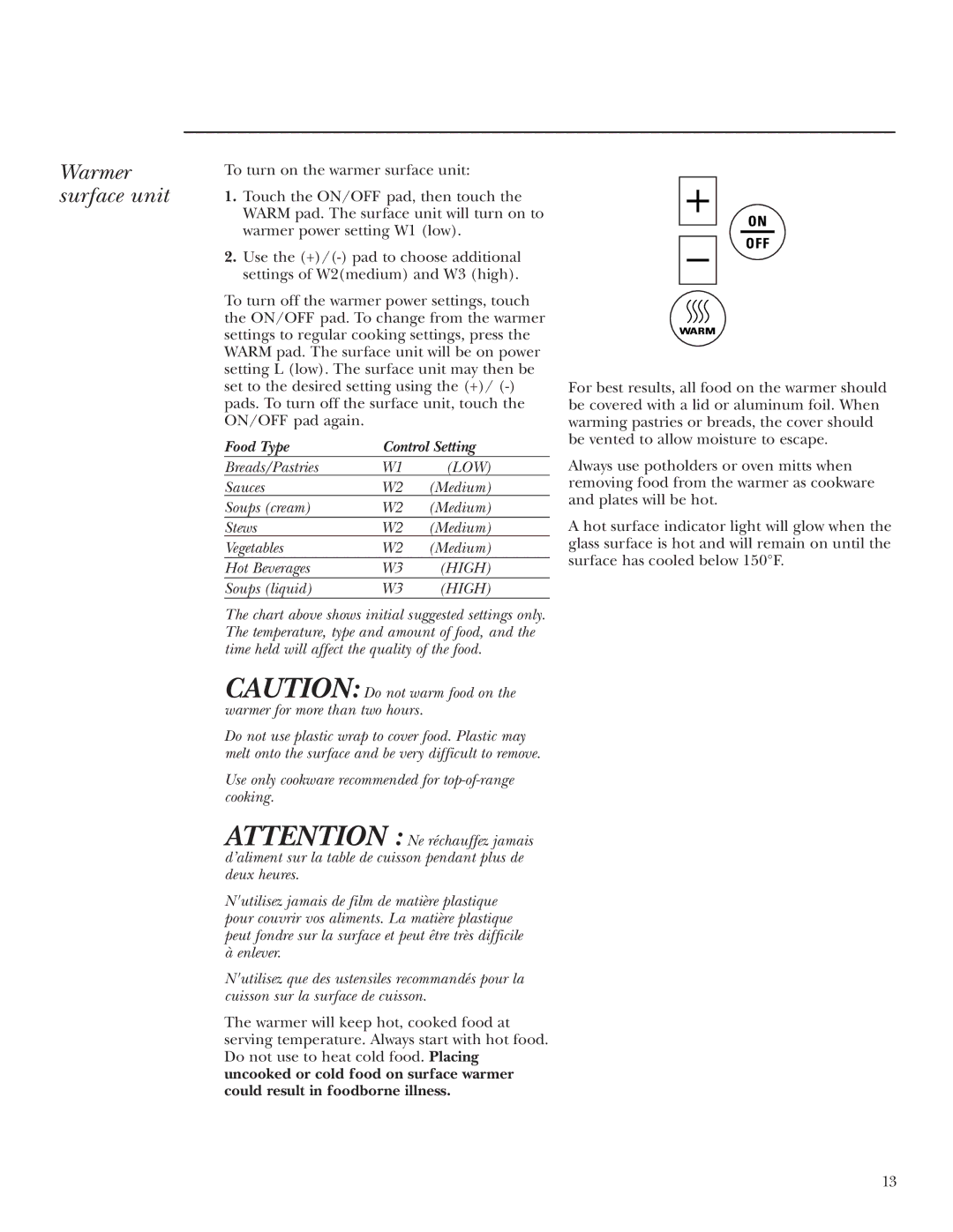 GE ZEU30R, ZEU36R owner manual Warmer surface unit, Food Type Control Setting 