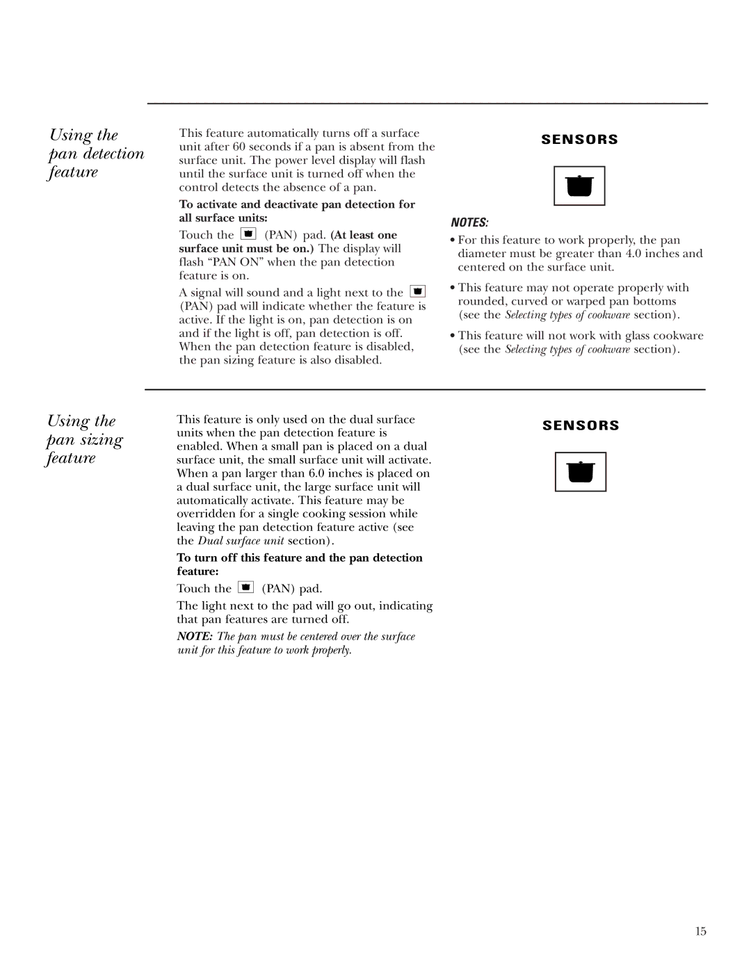 GE ZEU30R, ZEU36R owner manual Using the pan detection feature, Using the pan sizing feature 