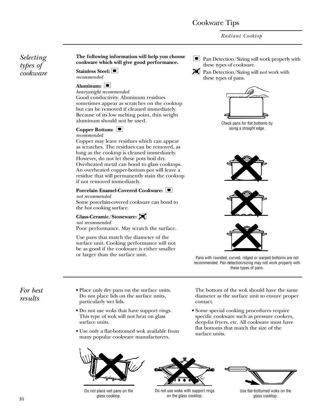 GE ZEU36R, ZEU30R owner manual Selecting types of cookware, For best results 