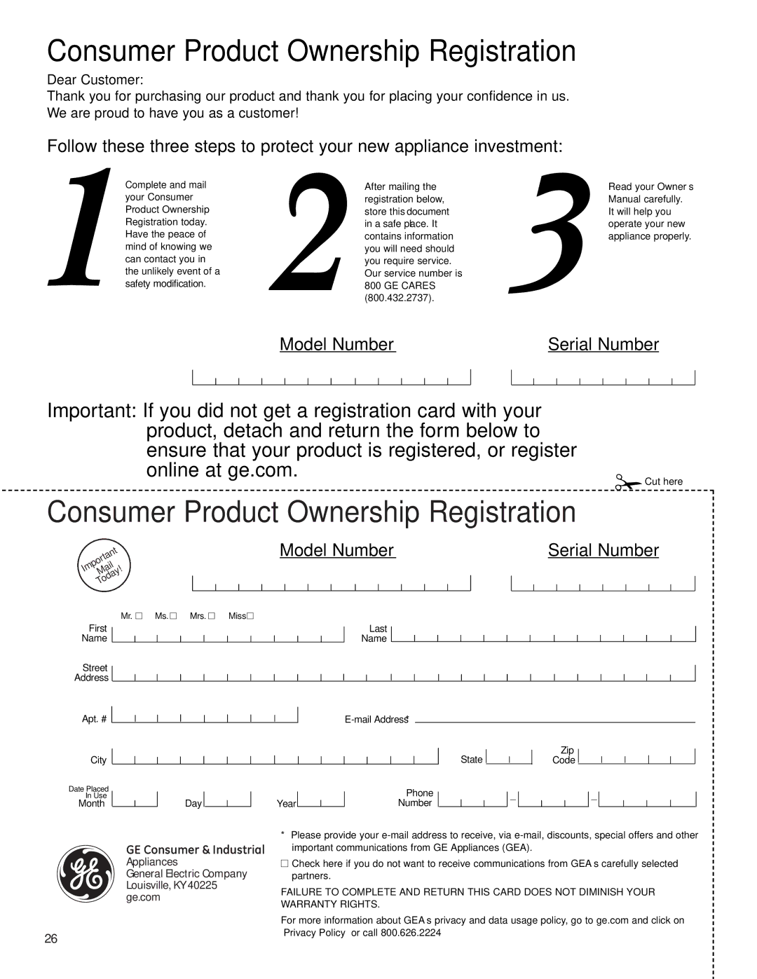 GE ZEU36R, ZEU30R owner manual Consumer Product Ownership Registration 