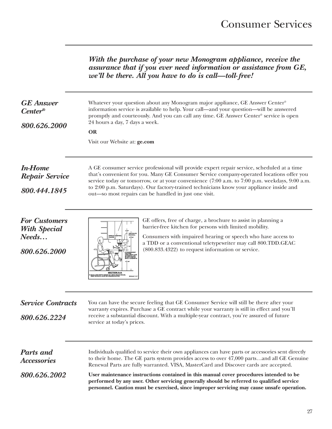 GE ZEU30R, ZEU36R owner manual Consumer Services 