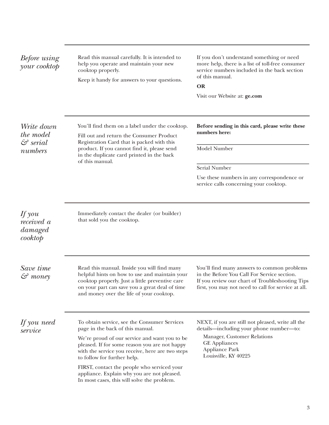 GE ZEU30R, ZEU36R owner manual Before using your cooktop, Write down the model Serial numbers, If you need service 