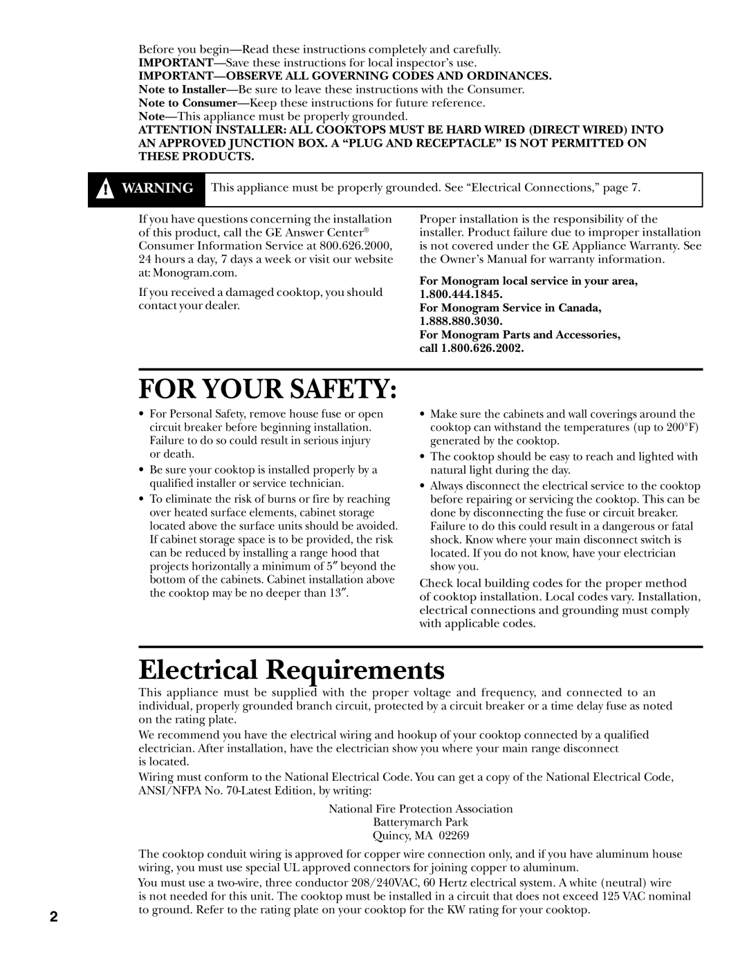 GE ZEU36R installation instructions Electrical Requirements, For Your Safety 