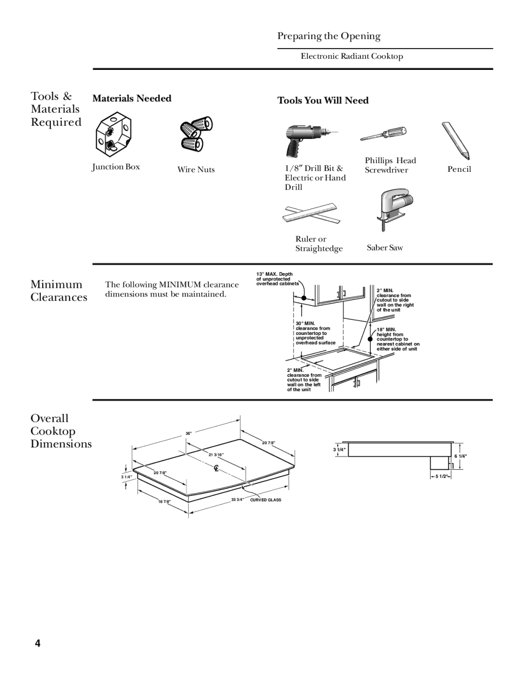 GE ZEU36R installation instructions Tools, Materials Required, Minimum Clearances Overall, Cooktop Dimensions 