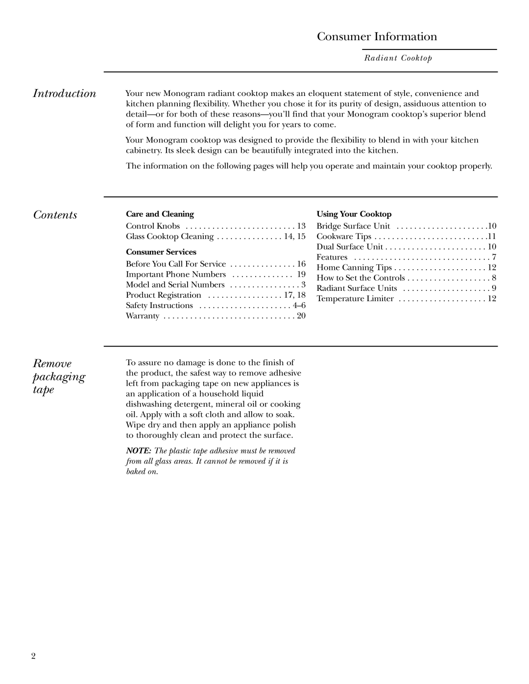 GE ZEU769 owner manual Introduction, Contents, Remove packaging tape 