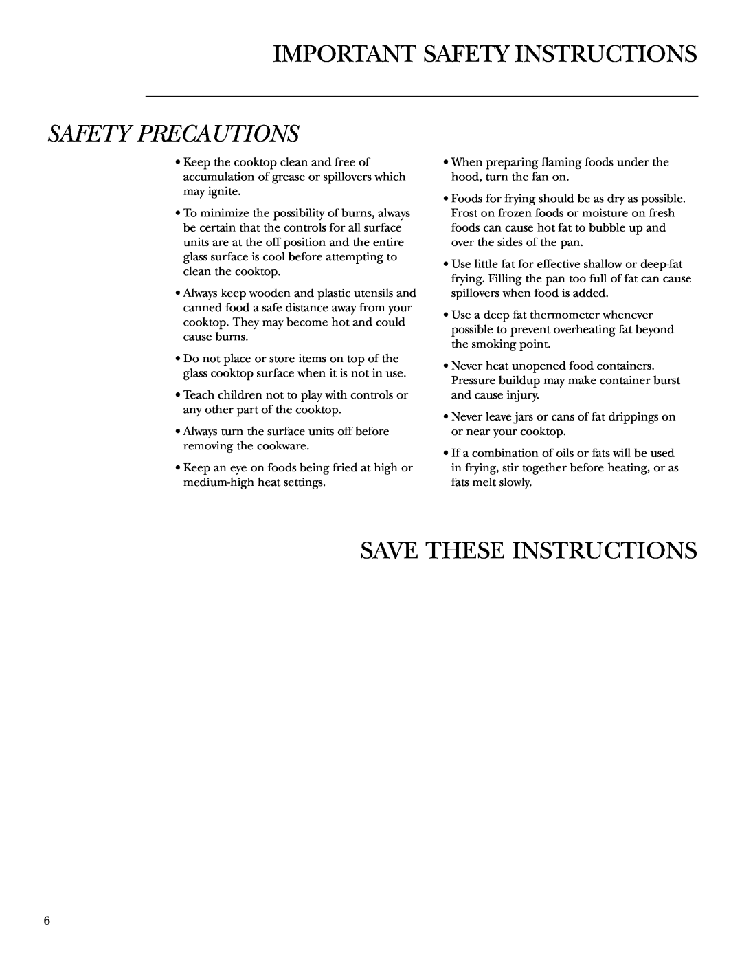 GE ZEU769 owner manual Save These Instructions, Important Safety Instructions, Safety Precautions 