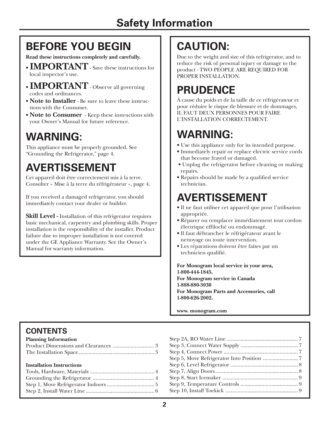 GE ZFSB23D SS installation instructions Before YOU Begin, Contents 