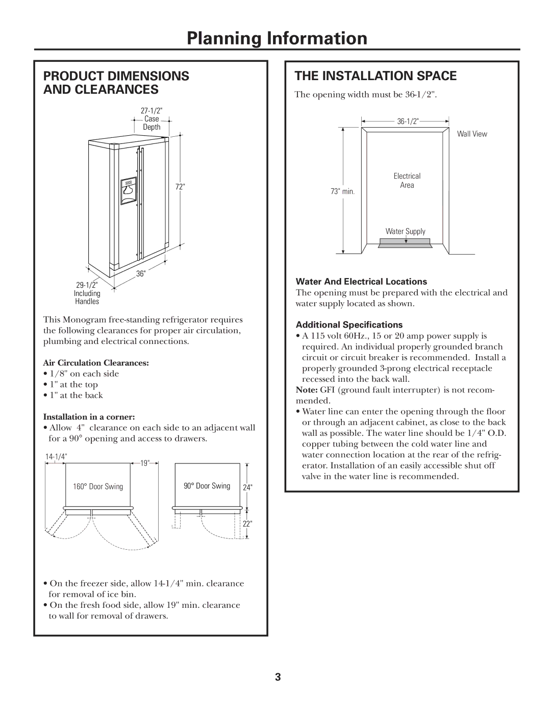 GE ZFSB23D SS Product Dimensions Clearances, Installation Space, Air Circulation Clearances, Installation in a corner 