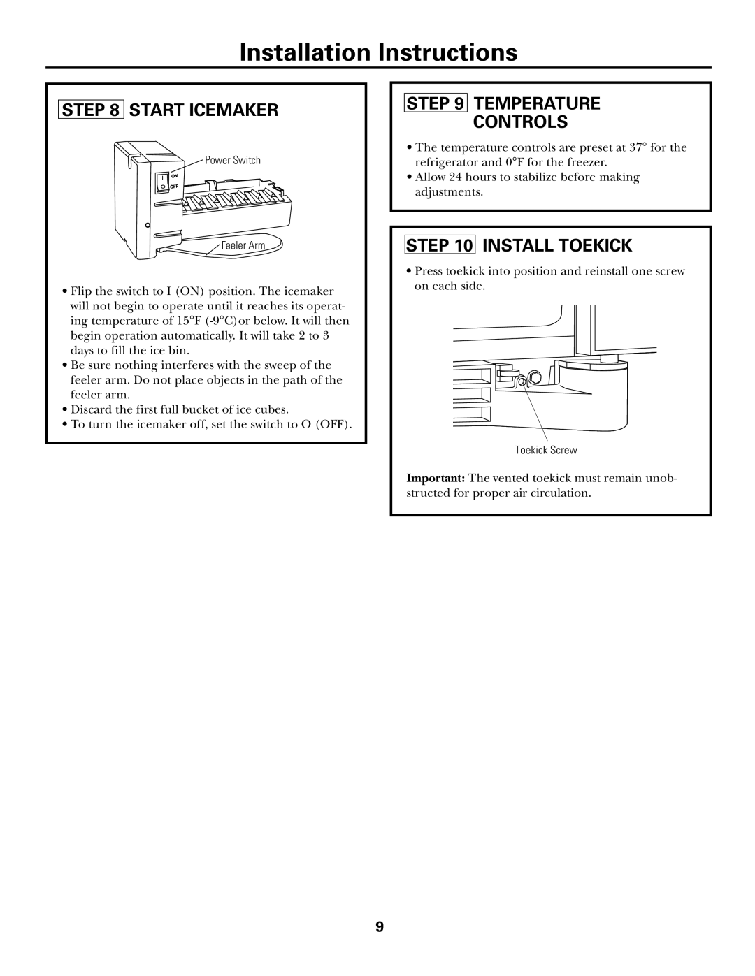 GE ZFSB23D SS installation instructions Start Icemaker, Temperature Controls, Install Toekick 