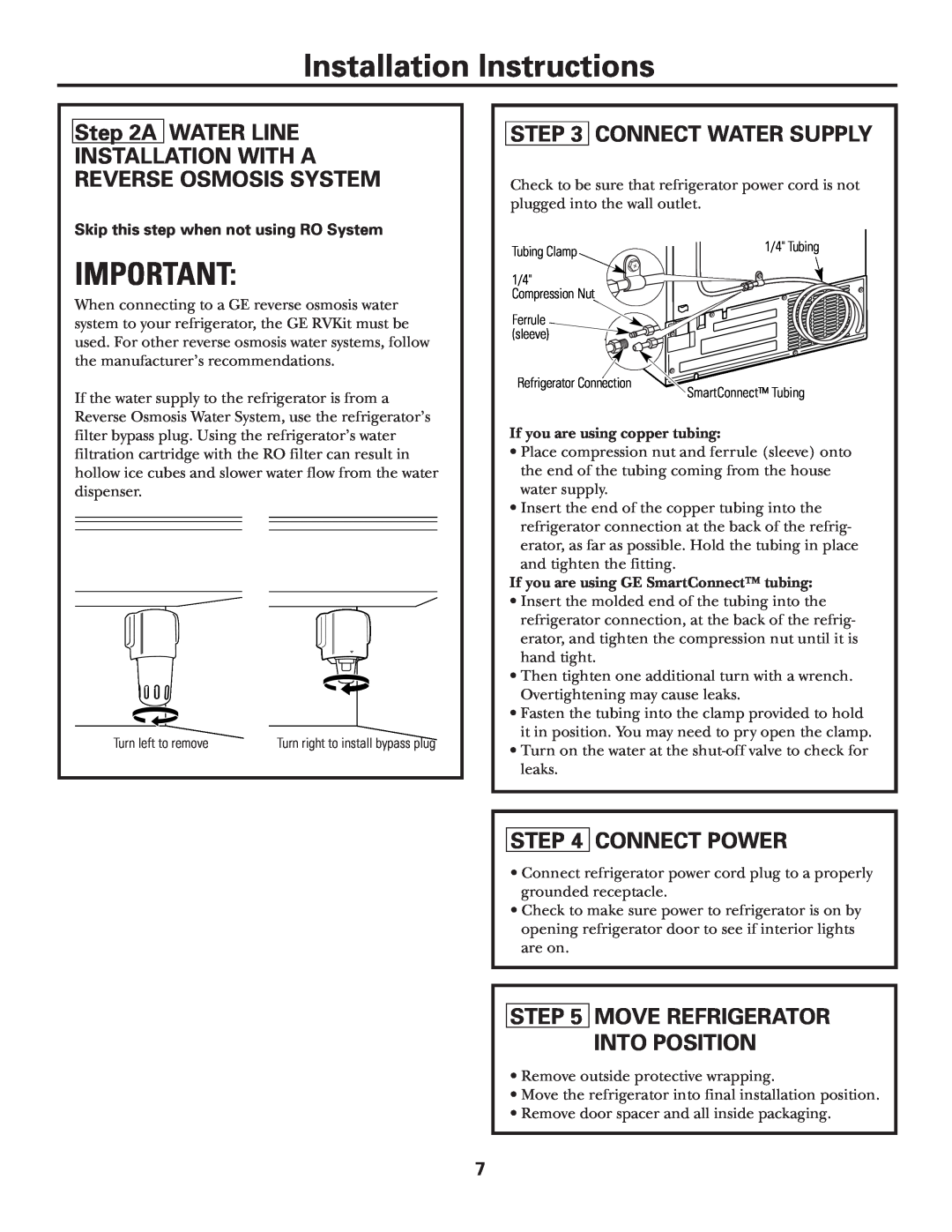 GE ZFSB23D SS installation instructions A Water Line, Connect Water Supply, Connect Power, Move Refrigerator Into Position 