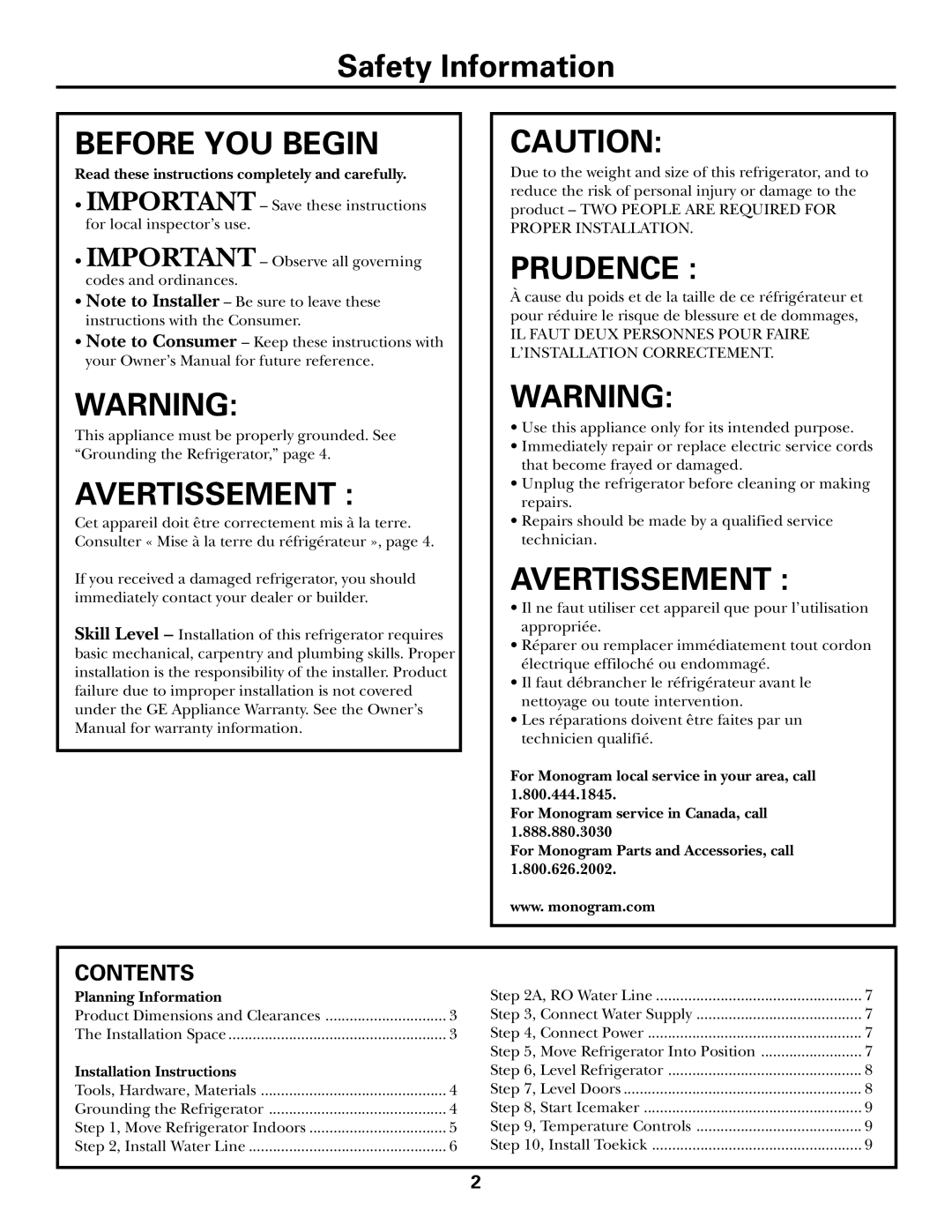 GE ZFSB25D SS, ZFSB26D SS installation instructions Before YOU Begin, Contents 