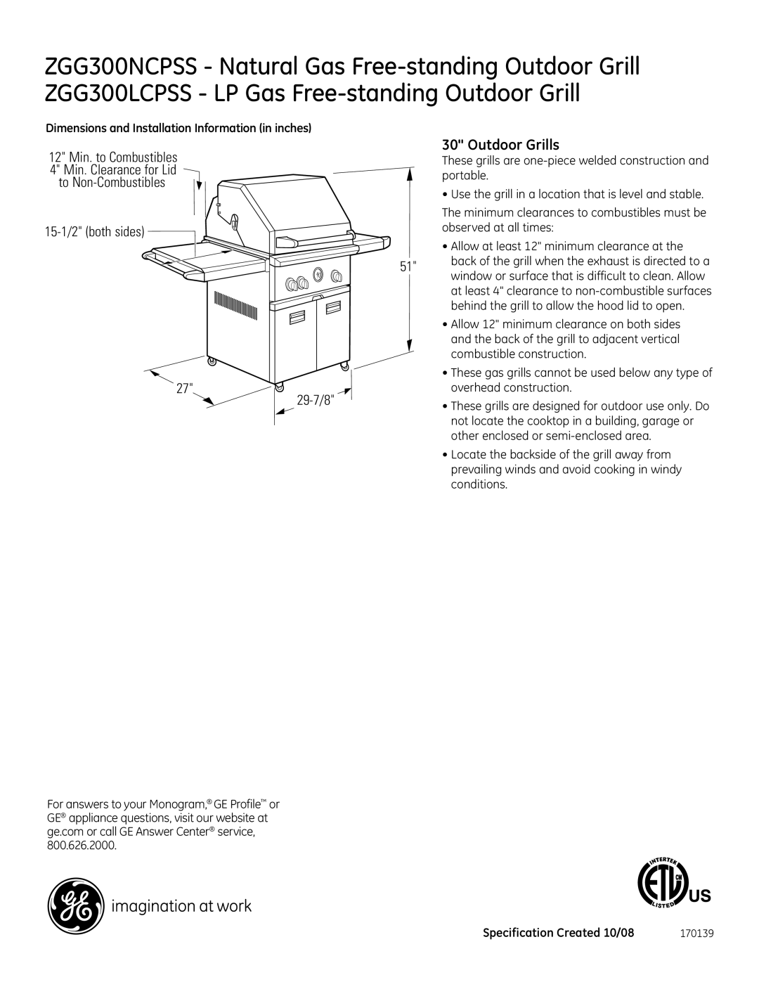 GE ZGG300LCPSS, ZGG300NCPSS dimensions Outdoor Grills 