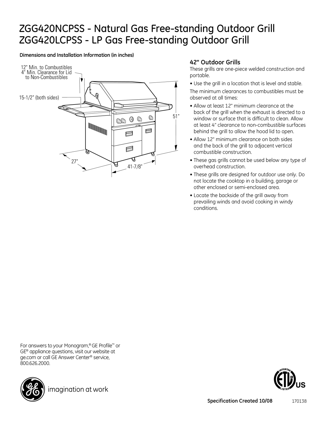 GE ZGG420LCPSS dimensions Outdoor Grills 