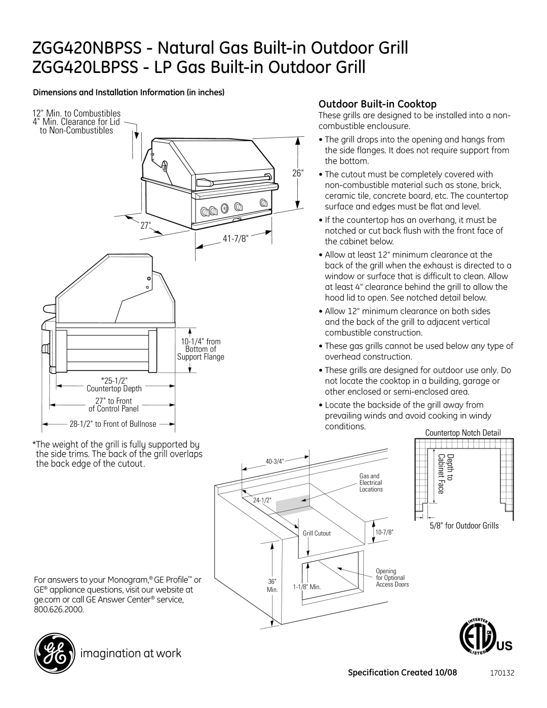 GE ZGG420LBPSS, ZGG420NBPSS dimensions Outdoor Built-in Cooktop, 27 41-7/8 