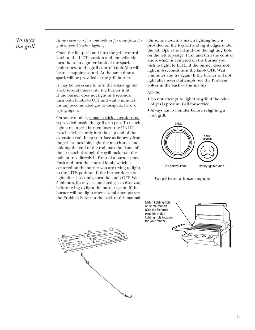 GE ZGG36L30, ZGG48N31, ZGG48N30, ZGG48L30, ZGG48L42, ZGG36N21 To light the grill, Each grill burner has its own rotary igniter 