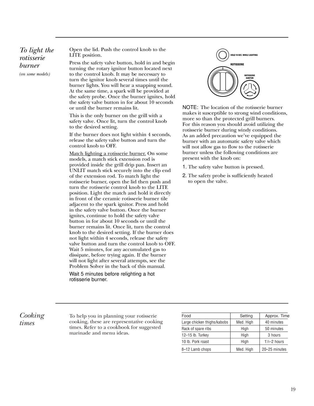 GE ZGG36L31 To light the rotisserie burner, Cooking times, Wait 5 minutes before relighting a hot rotisserie burner 