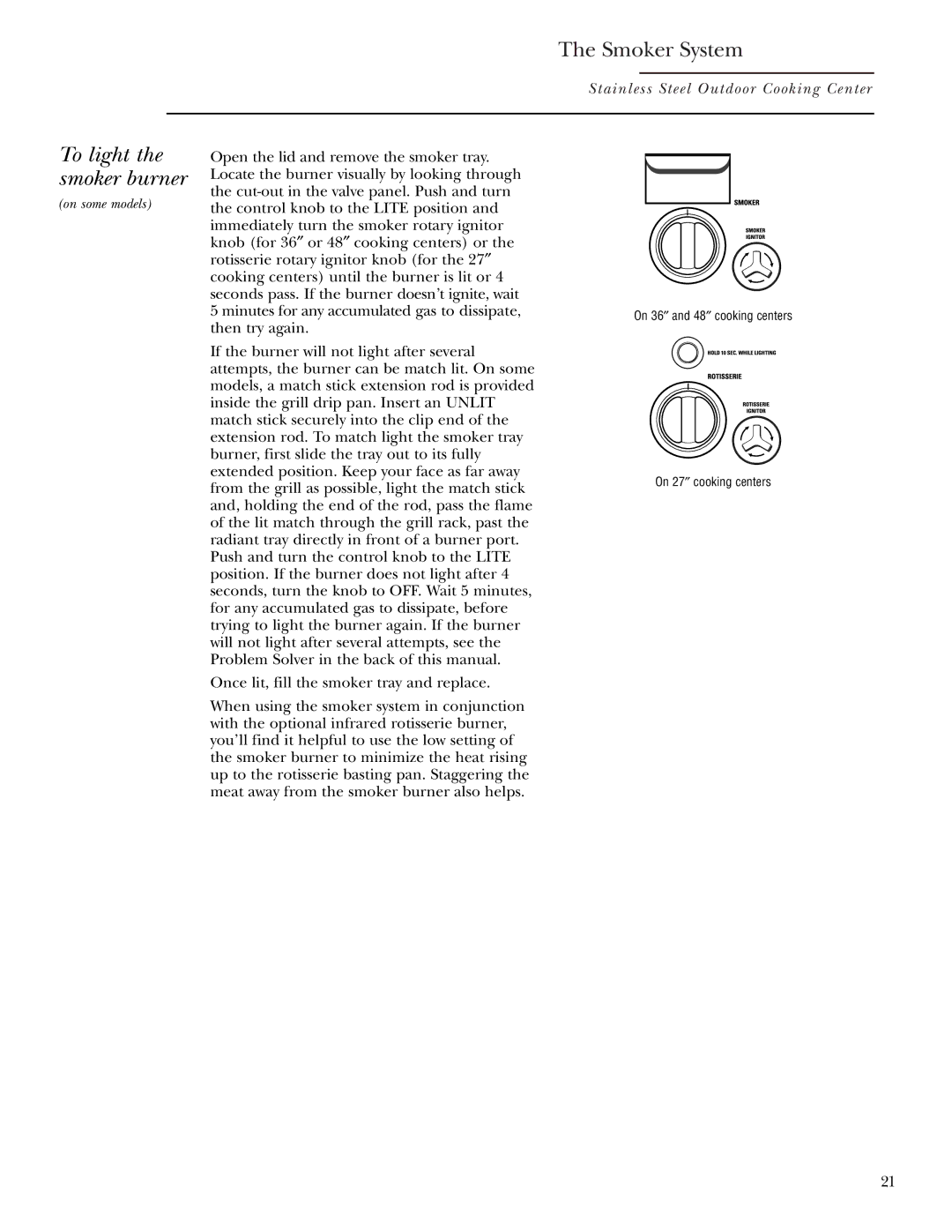 GE ZGG48N31, ZGG48N30, ZGG48L30, ZGG48L42, ZGG36N21, ZGG36N20, ZGG48L31, ZGG27N20 Smoker System, To light, Smoker burner 