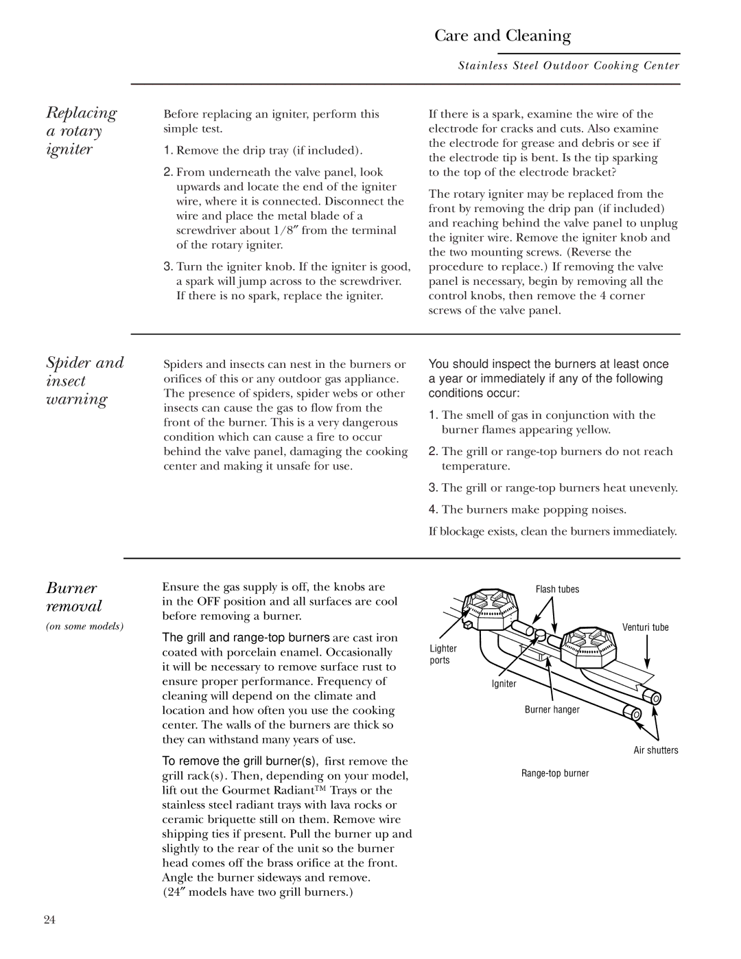 GE ZGG48L42, ZGG48N31, ZGG48N30 Care and Cleaning, Replacing Rotary igniter, Spider and insect warning, Burner removal 