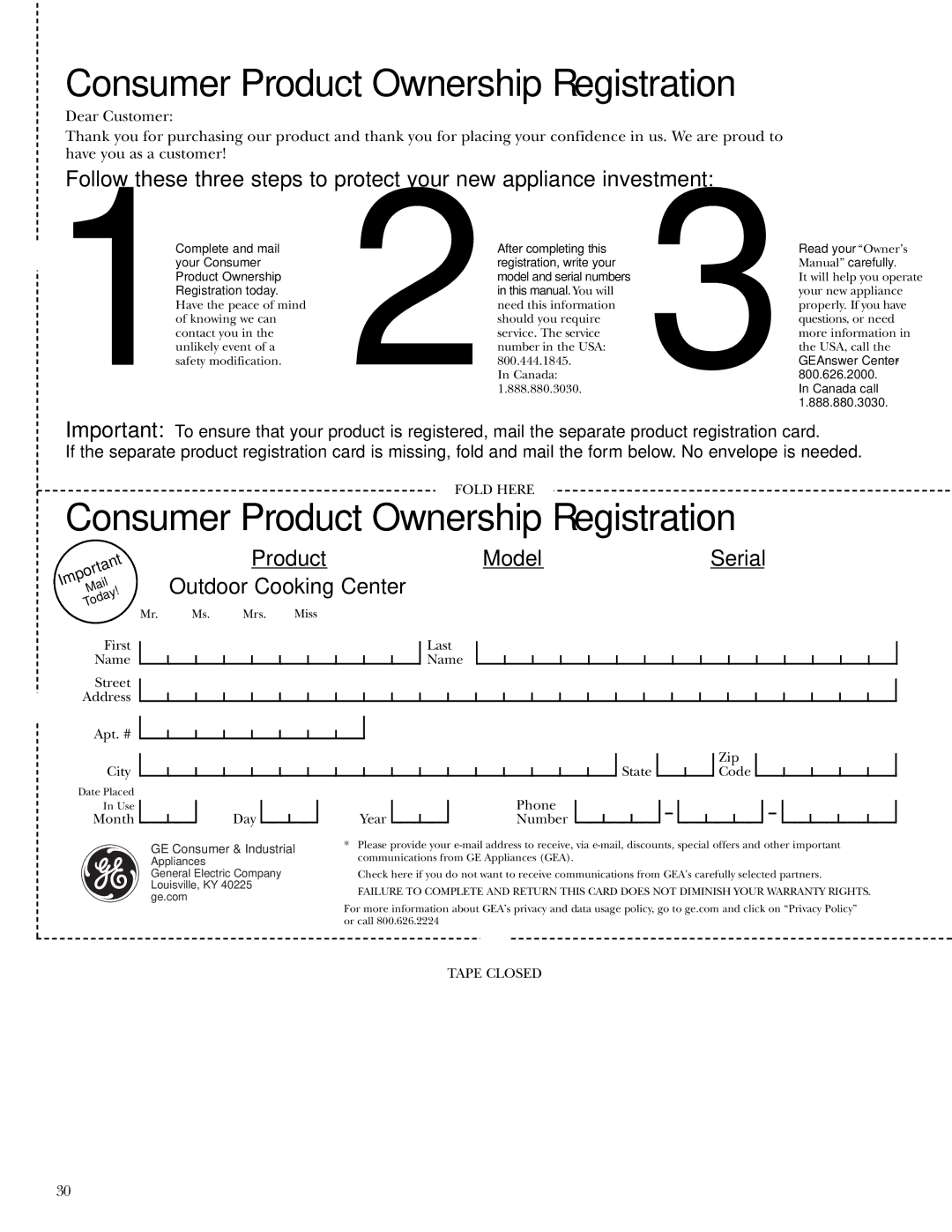 GE ZGG36N31, ZGG48N31, ZGG48N30, ZGG48L30, ZGG48L42, ZGG36N21, ZGG36N20, ZGG48L31 Consumer Product Ownership Registration 