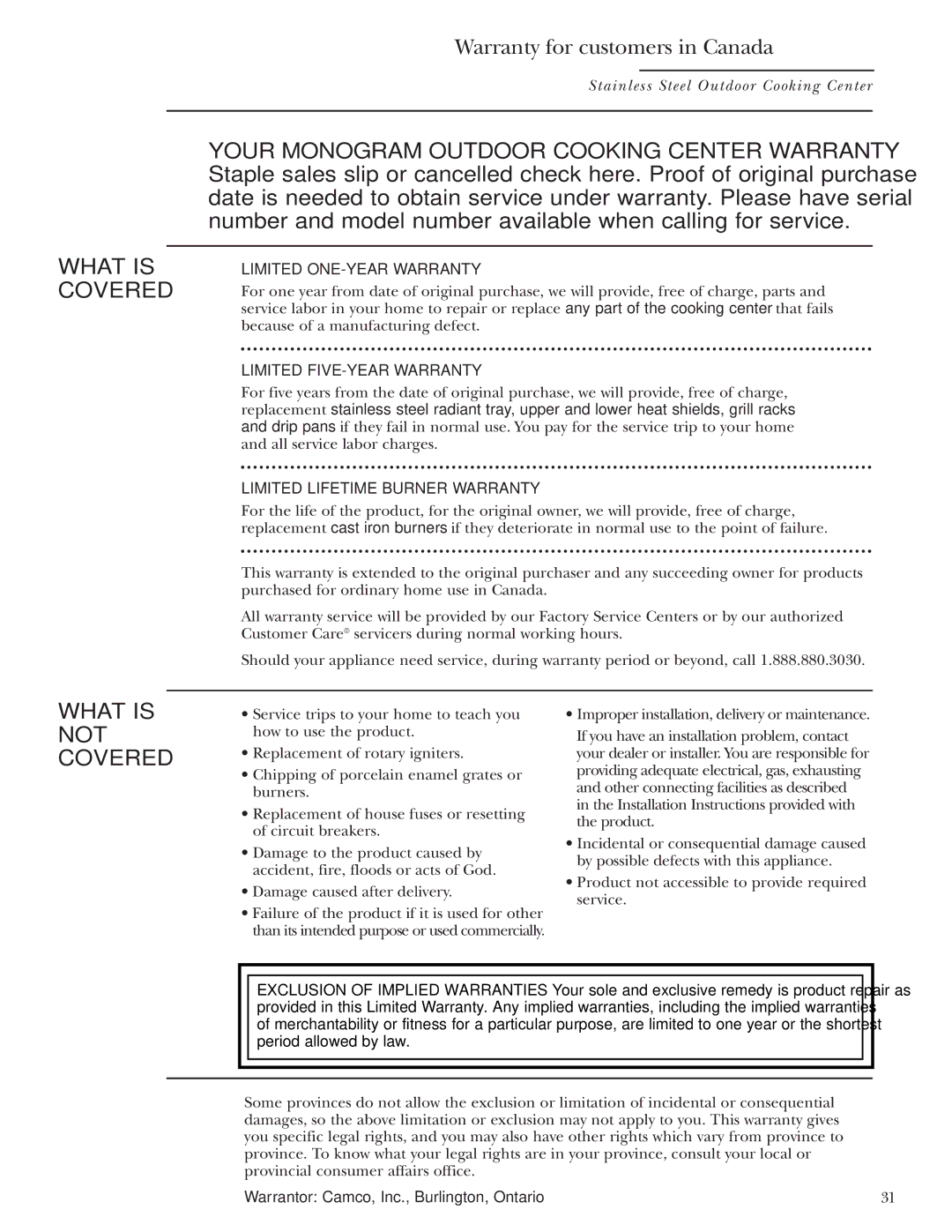 GE ZGG36N30, ZGG48N31, ZGG48N30, ZGG48L30 Warranty for customers in Canada, Warrantor Camco, Inc., Burlington, Ontario 