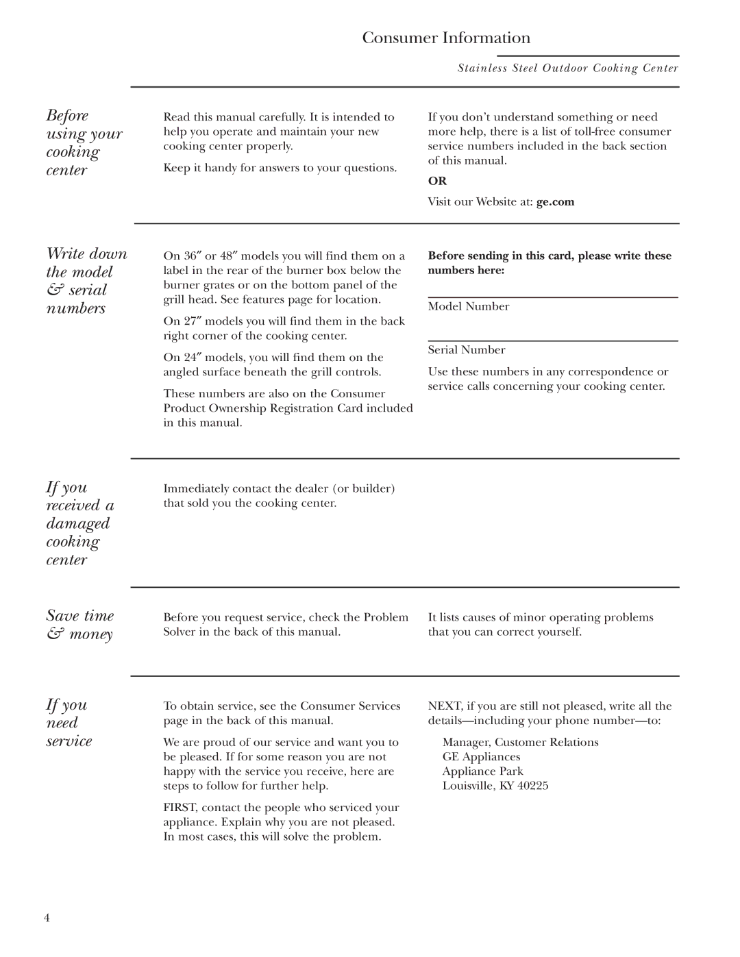 GE ZGG36N21 Before using your cooking center, Write down the model Serial numbers, Save time & money, If you need service 