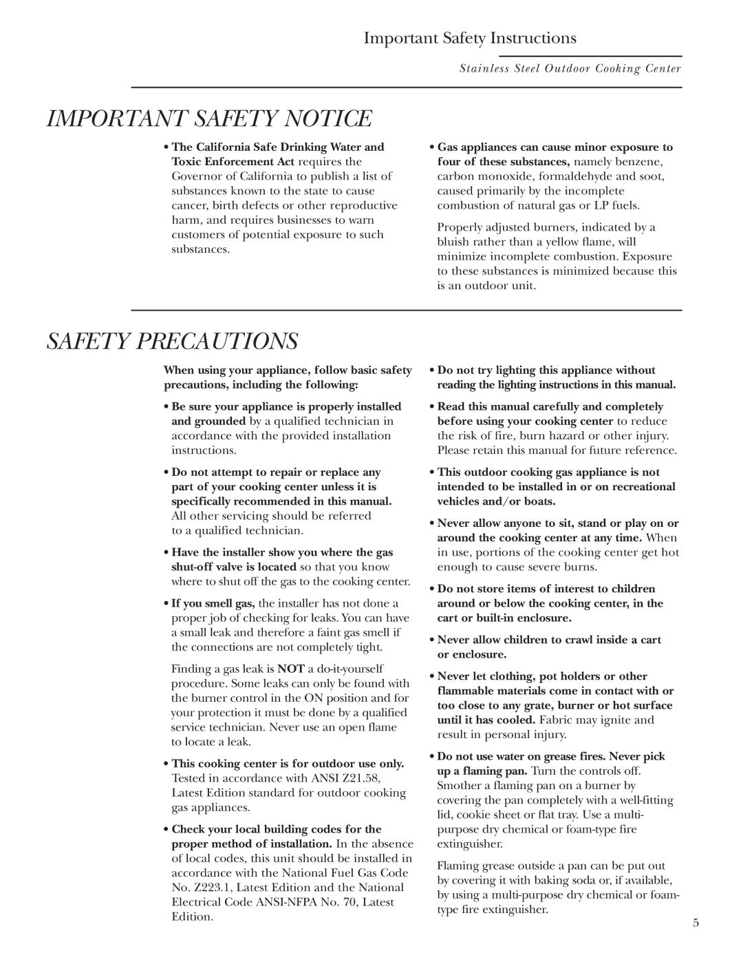 GE ZGG36N20, ZGG48N31, ZGG48N30, ZGG48L30, ZGG48L42, ZGG36N21, ZGG48L31 Important Safety Notice, Important Safety Instructions 