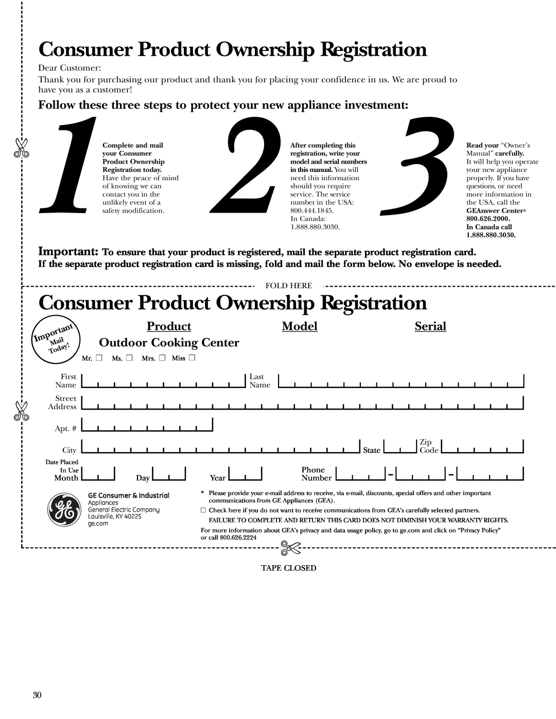GE ZGG36N31 Consumer Product Ownership Registration, Follow these three steps to protect your new appliance investment 