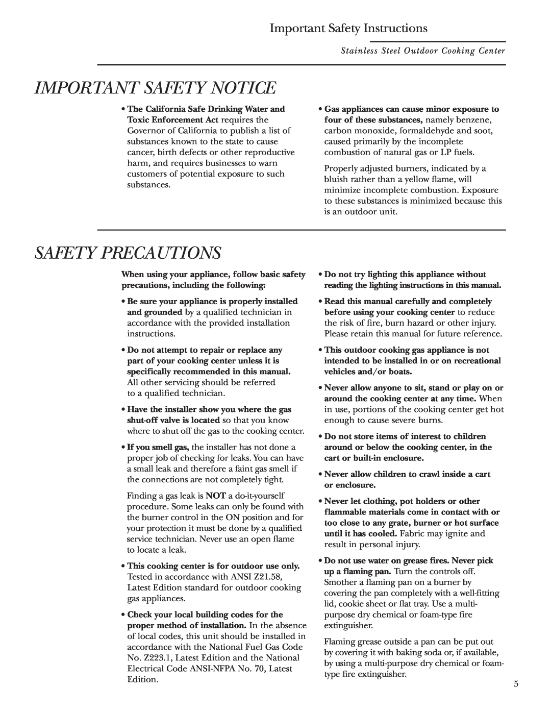 GE ZGG36N20, ZGG48N31, ZGG48N30, ZGG48L30 Important Safety Notice, Safety Precautions, Important Safety Instructions 