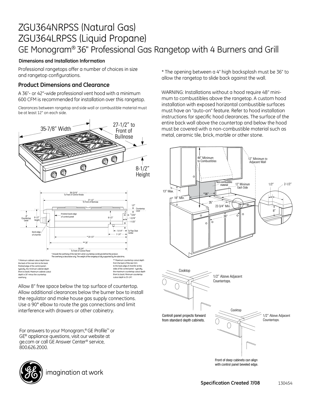 GE dimensions ZGU364NRPSS Natural Gas ZGU364LRPSS Liquid Propane, Product Dimensions and Clearance 