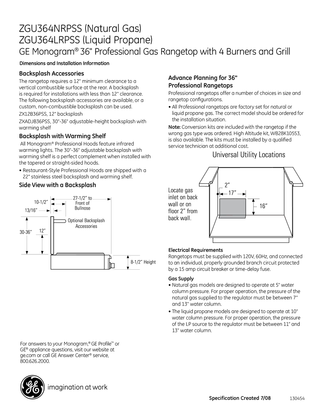 GE ZGU364NRPSS, ZGU364LRPSS Backsplash Accessories, Backsplash with Warming Shelf, Electrical Requirements, Gas Supply 