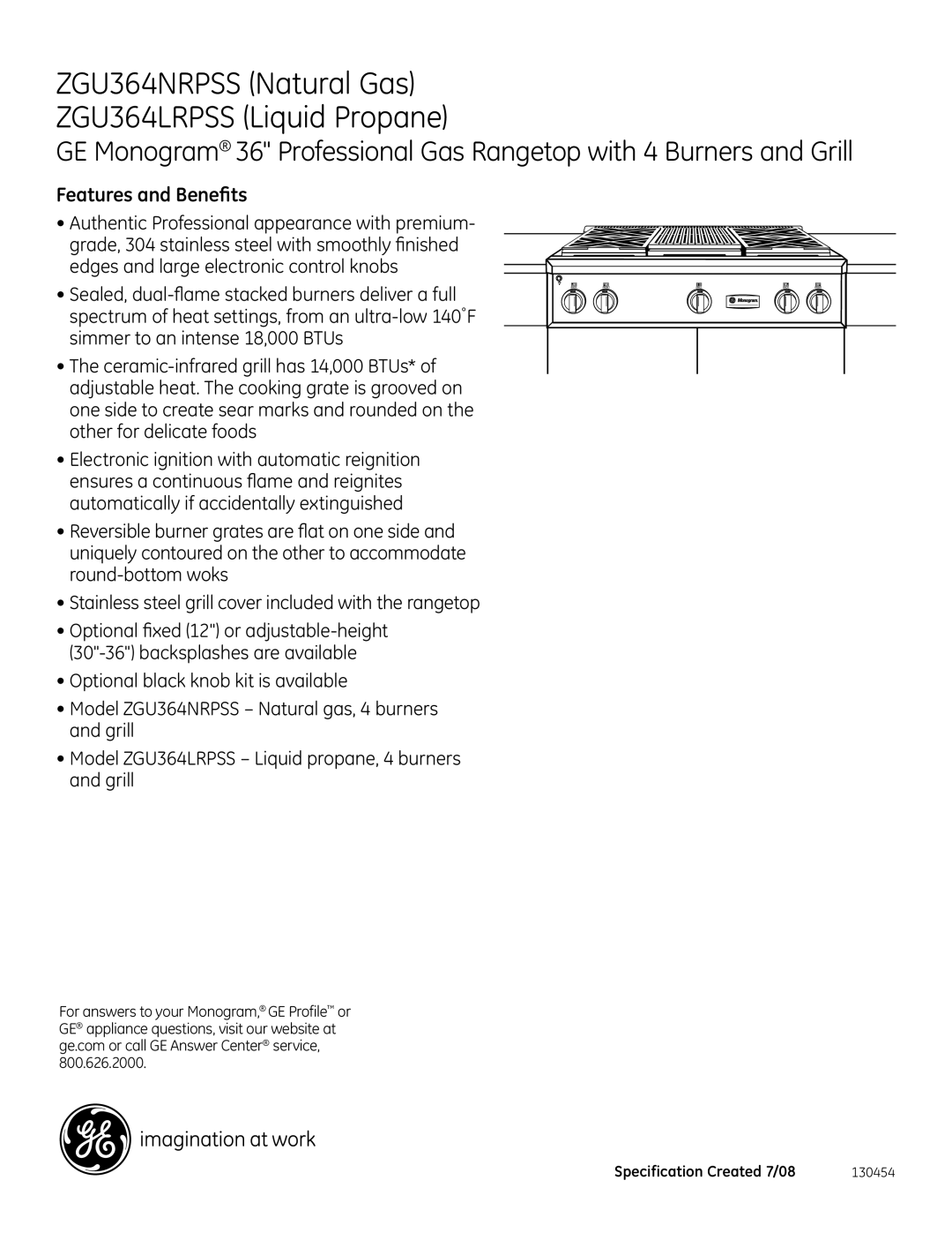 GE ZGU364LRPSS, ZGU364NRPSS dimensions Features and Benefits 