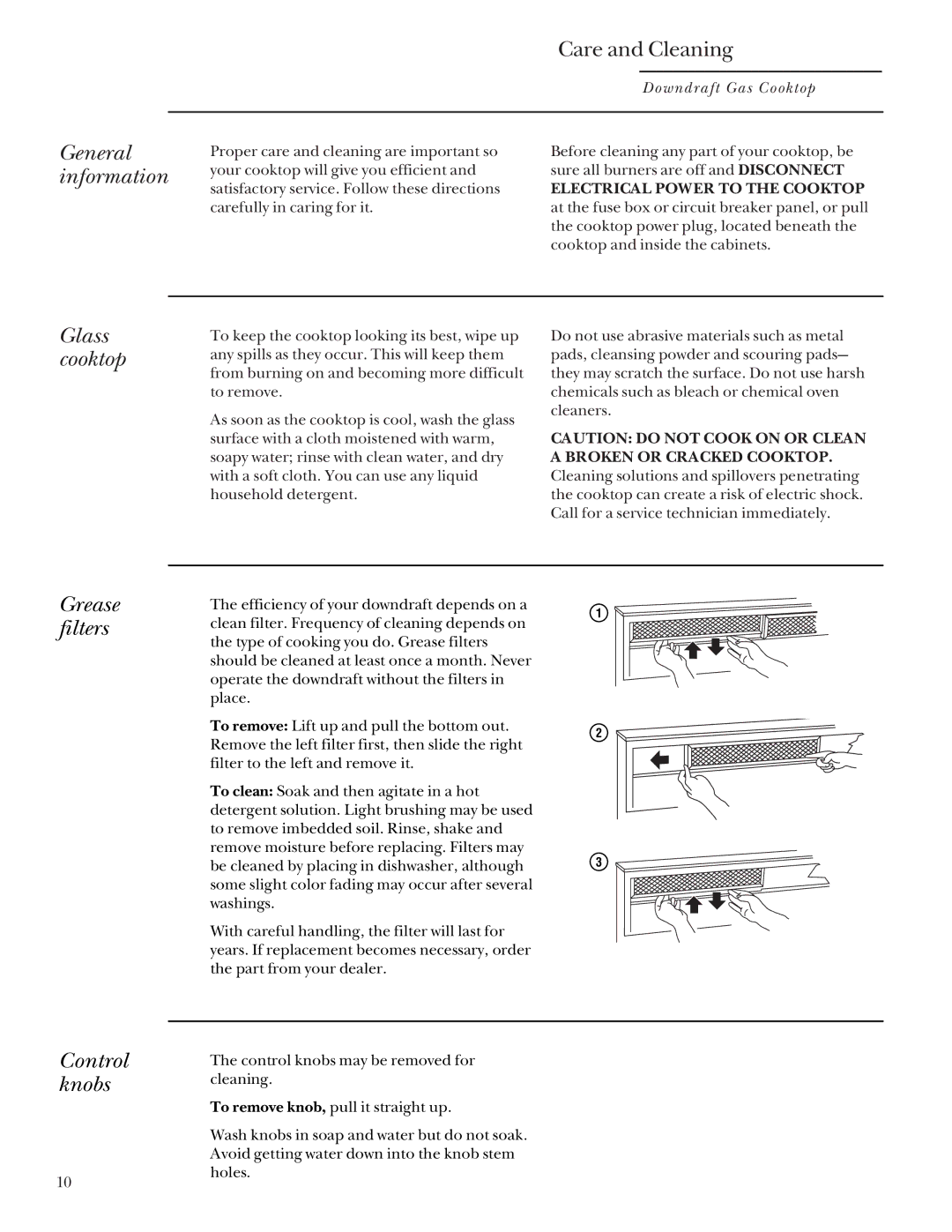 GE ZGU3650BBBG, ZGU3650WBWG manual General information Care and Cleaning, Glass cooktop, Grease filters Control knobs 