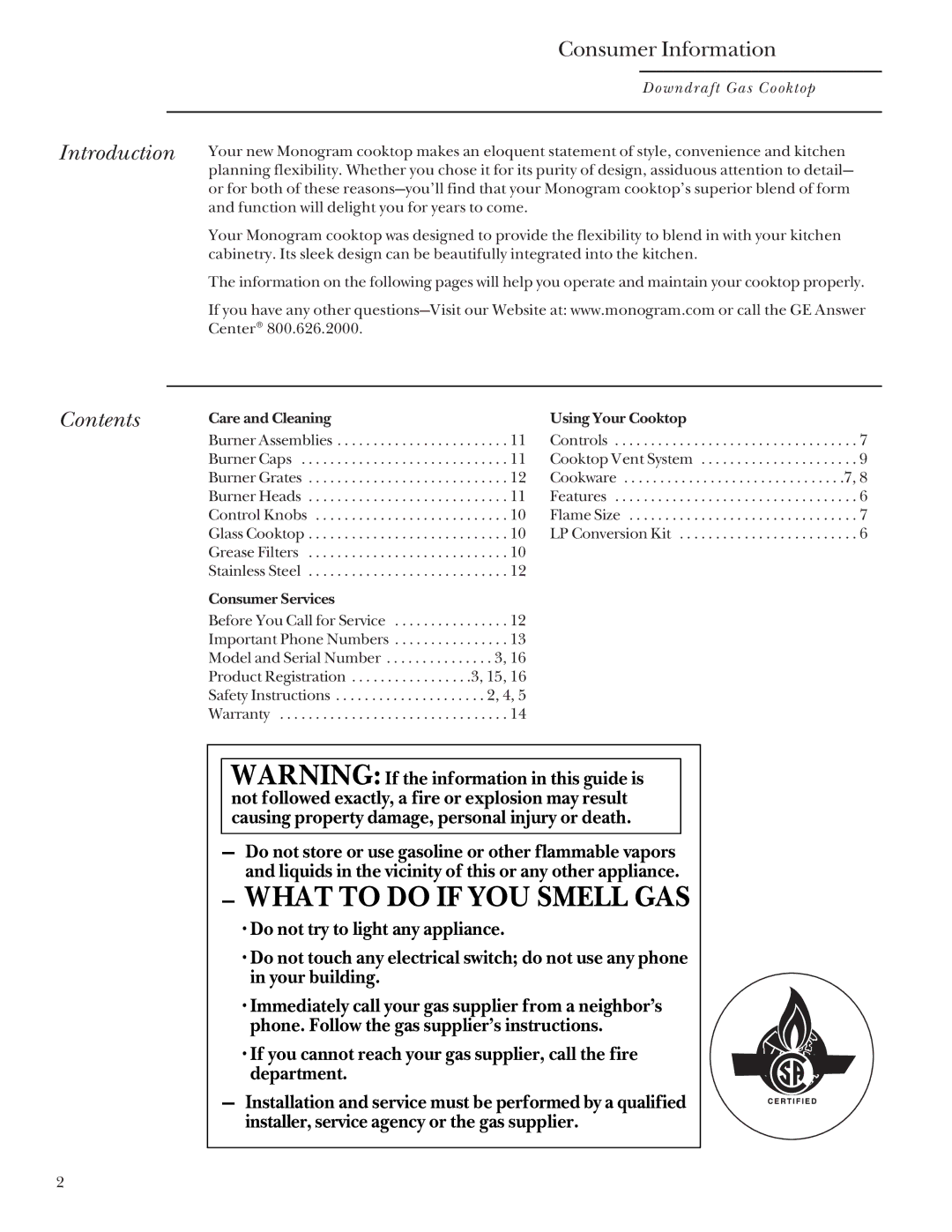 GE ZGU3650BBBG, ZGU3650WBWG, 183D5580P079 manual Consumer Information, Introduction, Contents 